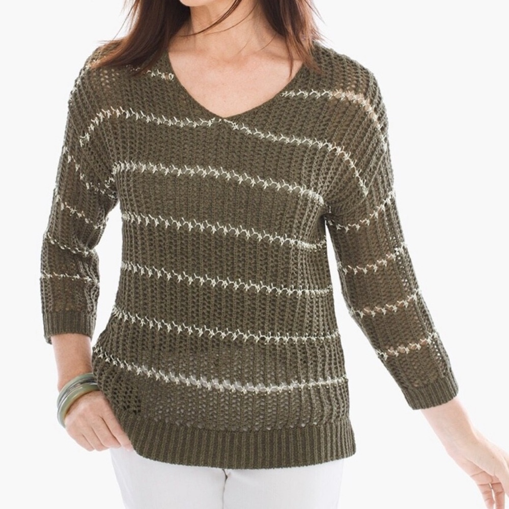 Chico's Olive and Cream V-Neck Sweater